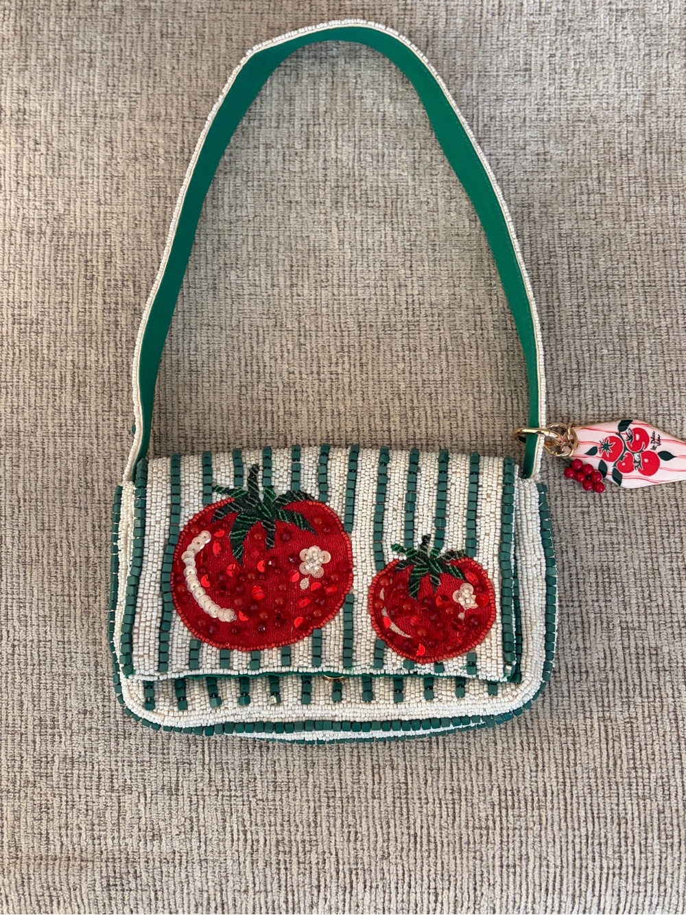 Green & White Striped Beaded Shoulder Bag with Red Sequin Tomato Motif